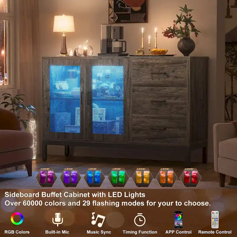 Buffet vaisselier trois tiroirs porte grillagée étagère réglable multiprise intégrée lumières LED RVB Bois composite E1 Supports métalliques