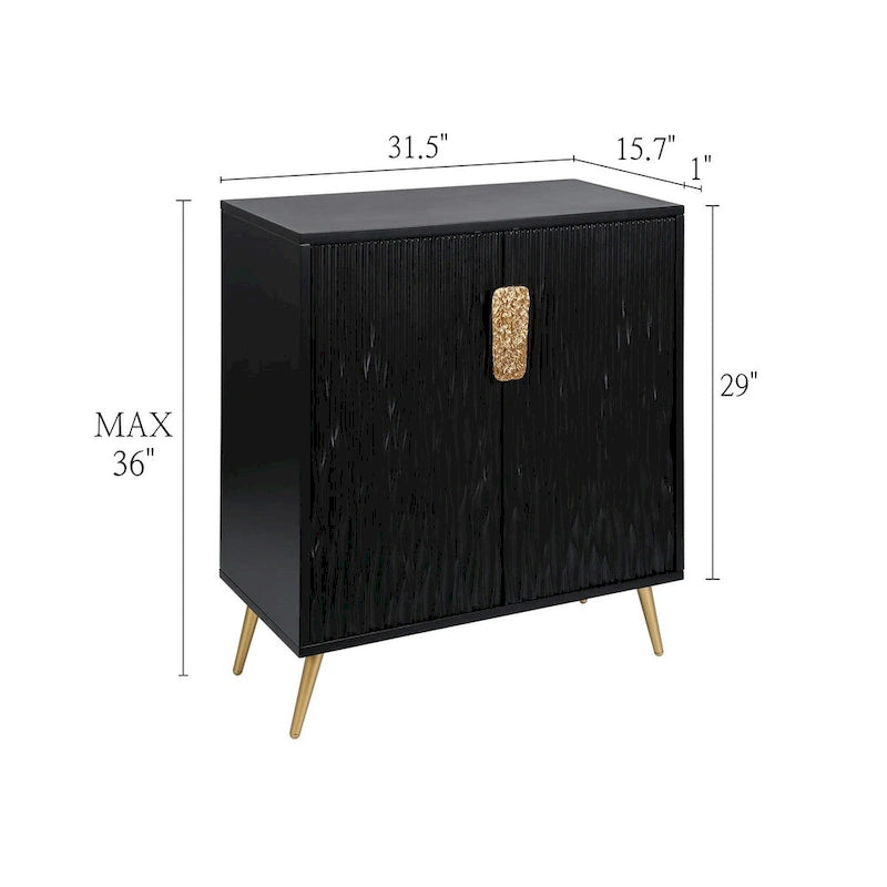 Cabinet d'appoint noir à deux portes, texture sculptée, poignées dorées martelées, pieds fuselés