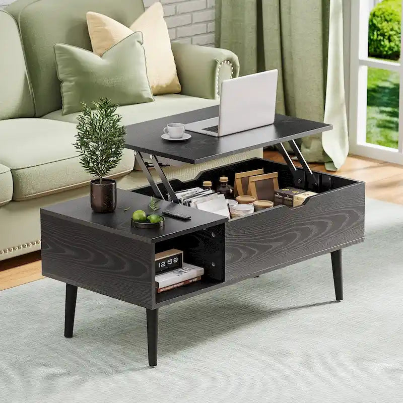 Table basse relevable avec compartiment de rangement caché, casier latéral, grain de bois, pieds fuselés