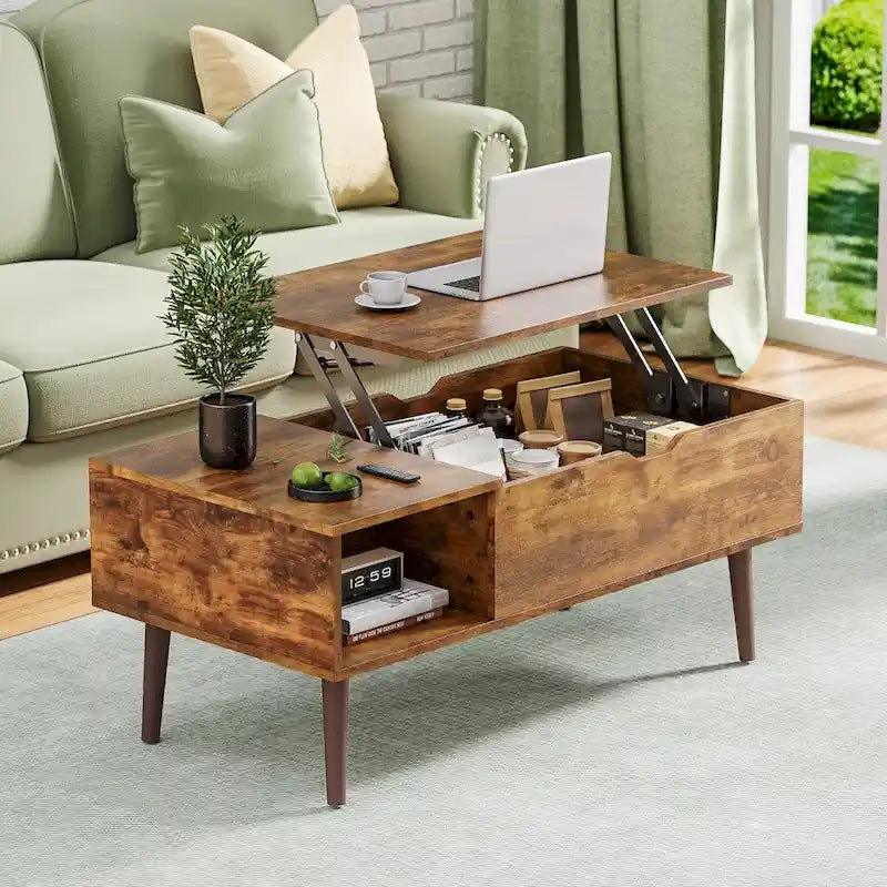 Table basse relevable avec compartiment de rangement caché, casier latéral, grain de bois, pieds fuselés
