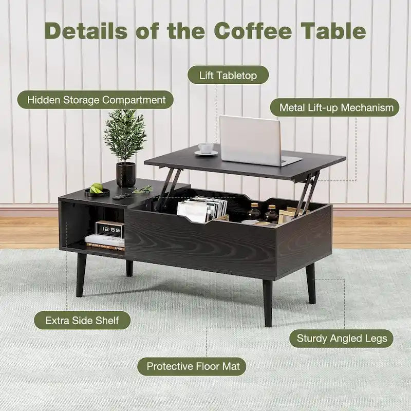 Table basse relevable avec compartiment de rangement caché, casier latéral, grain de bois, pieds fuselés