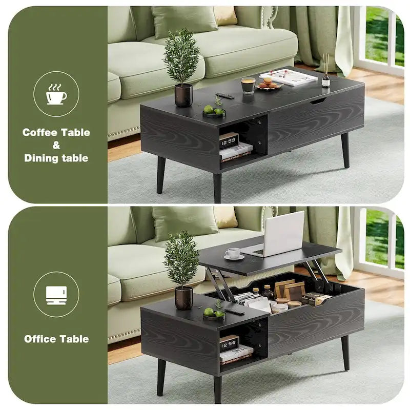 Table basse relevable avec compartiment de rangement caché, casier latéral, grain de bois, pieds fuselés