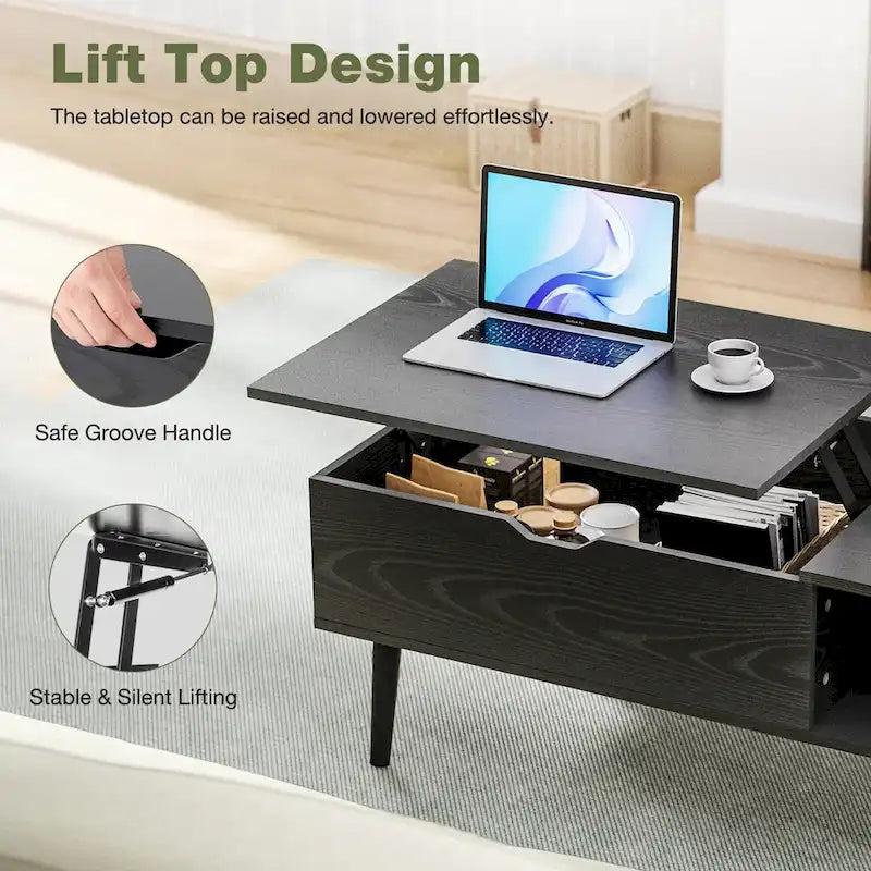 Table basse relevable avec compartiment de rangement caché, casier latéral, grain de bois, pieds fuselés
