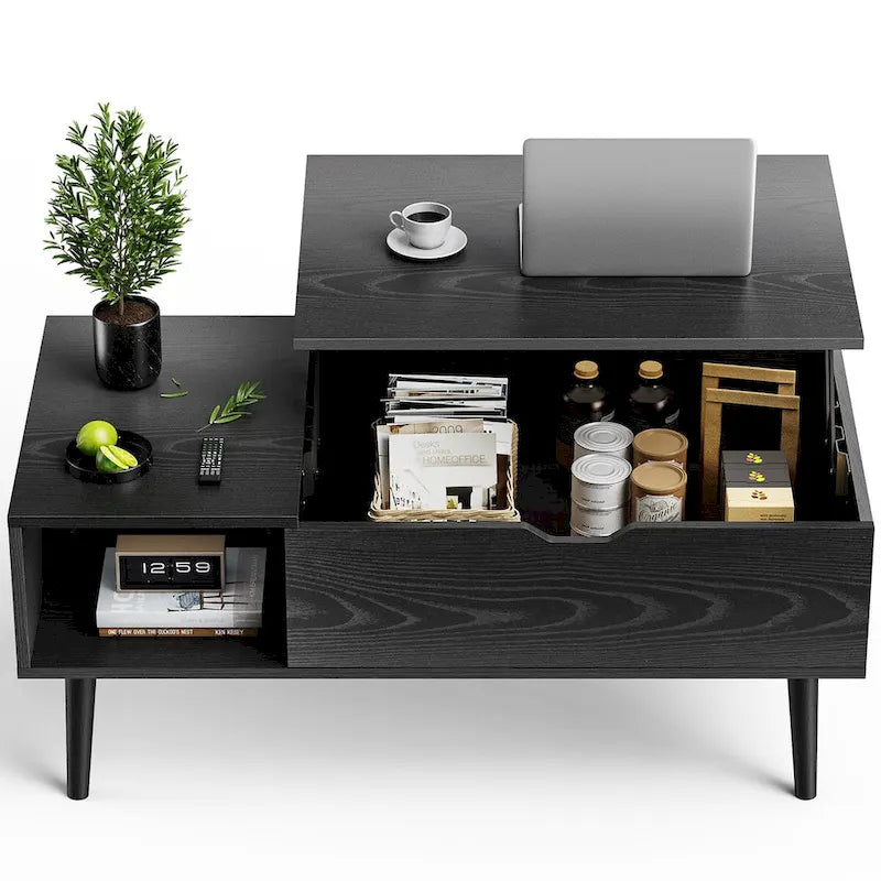 Table basse relevable avec compartiment de rangement caché, casier latéral, grain de bois, pieds fuselés
