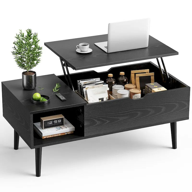 Table basse relevable avec compartiment de rangement caché, casier latéral, grain de bois, pieds fuselés
