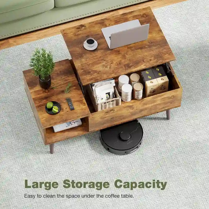 Table basse relevable avec compartiment de rangement caché, casier latéral, grain de bois, pieds fuselés