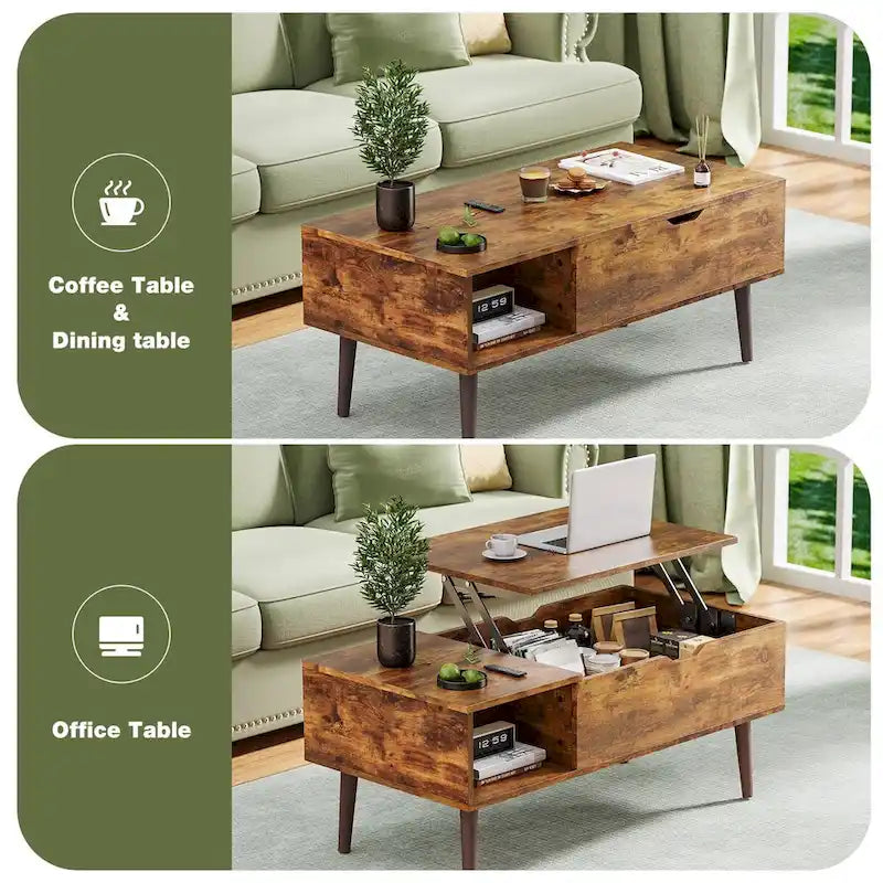 Table basse relevable avec compartiment de rangement caché, casier latéral, grain de bois, pieds fuselés