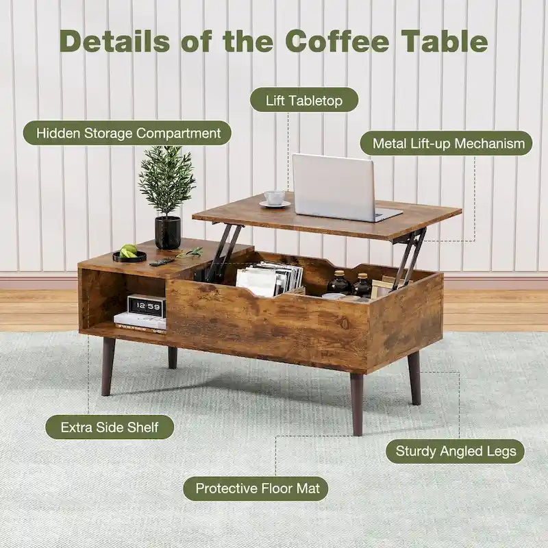 Table basse relevable avec compartiment de rangement caché, casier latéral, grain de bois, pieds fuselés