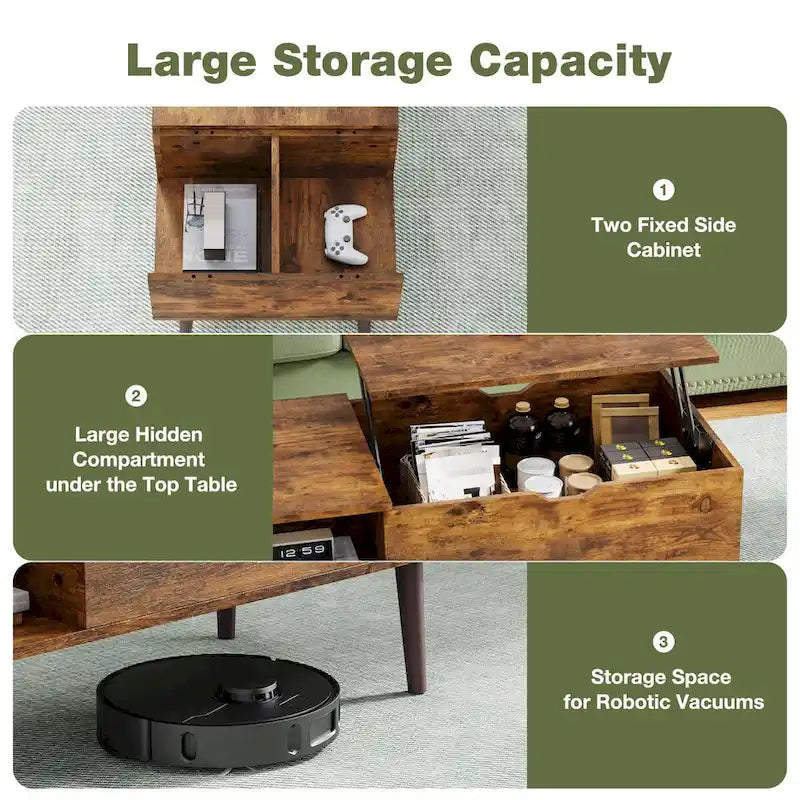 Table basse relevable avec compartiment de rangement caché, casier latéral, grain de bois, pieds fuselés