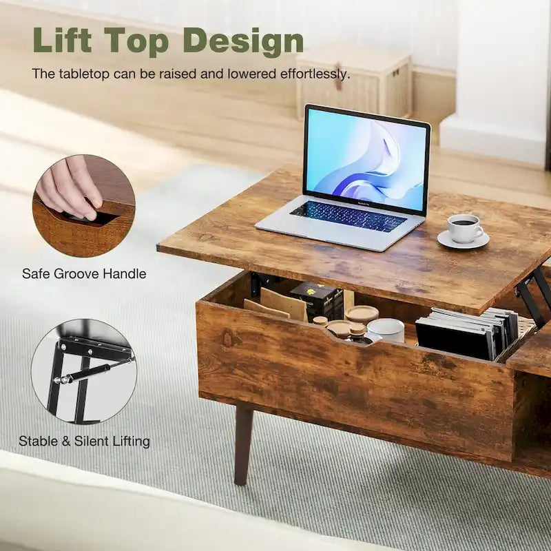 Table basse relevable avec compartiment de rangement caché, casier latéral, grain de bois, pieds fuselés