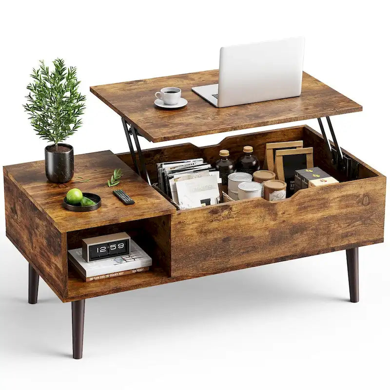 Table basse relevable avec compartiment de rangement caché, casier latéral, grain de bois, pieds fuselés