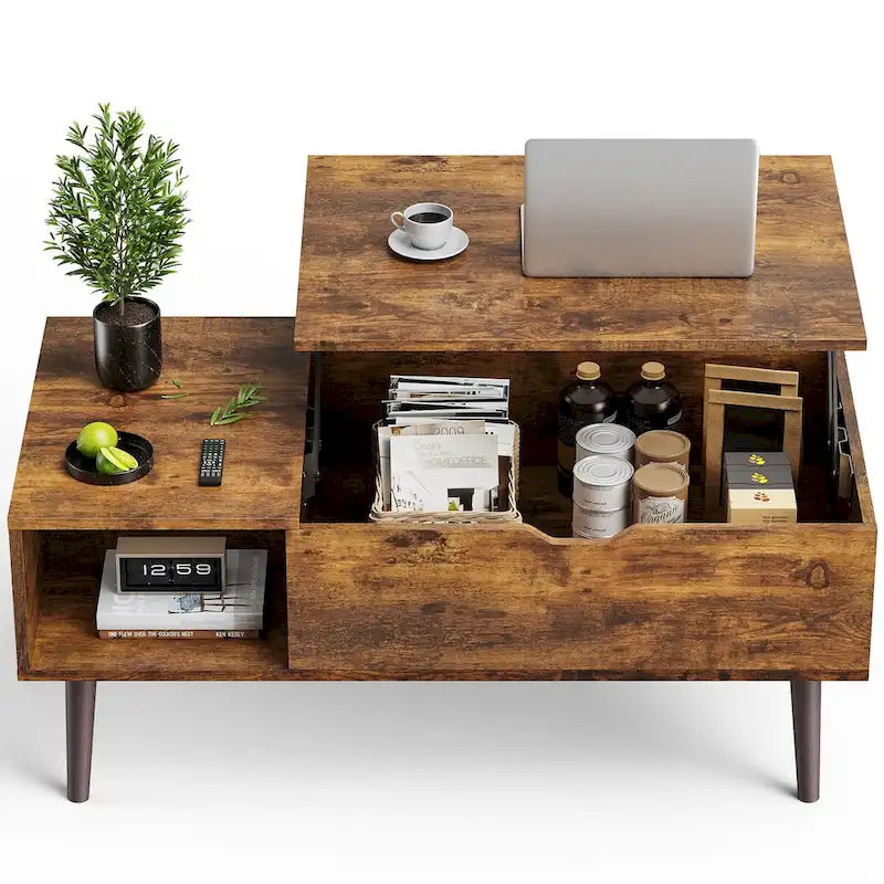 Table basse relevable avec compartiment de rangement caché, casier latéral, grain de bois, pieds fuselés