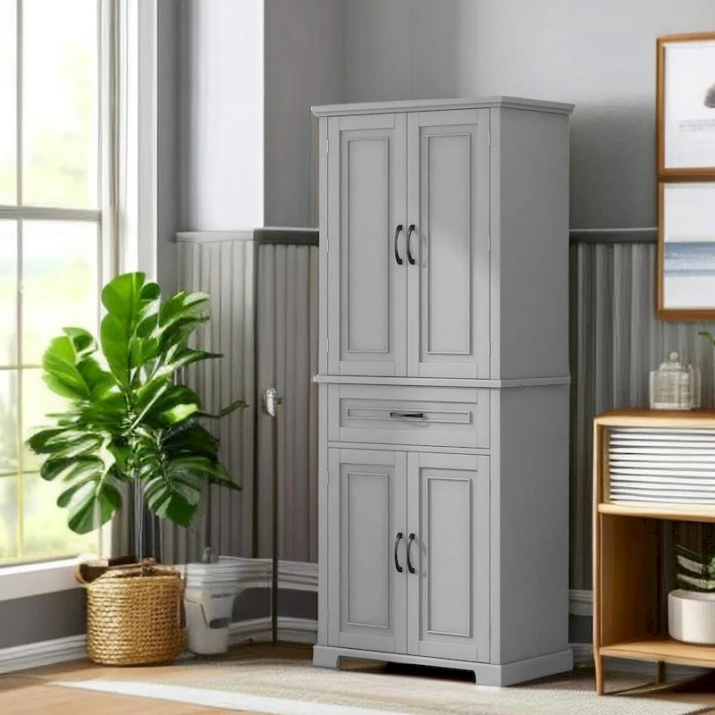 Meuble de salle de bain haut sur pied quatre portes un tiroir MDF Design à panneaux surélevés Poignées noires