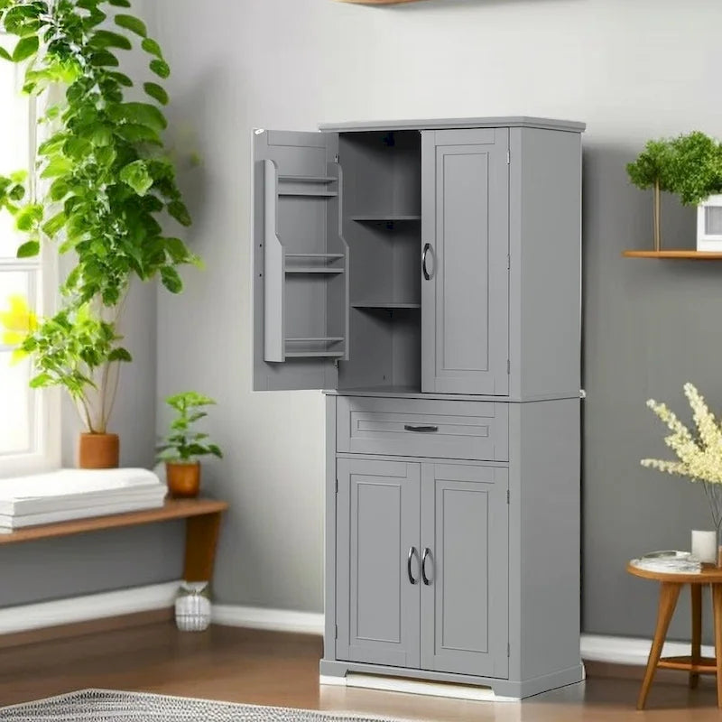 Meuble de salle de bain haut sur pied quatre portes un tiroir MDF Design à panneaux surélevés Poignées noires