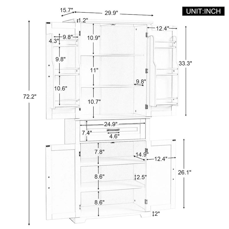Meuble de salle de bain haut sur pied quatre portes un tiroir MDF Design à panneaux surélevés Poignées noires