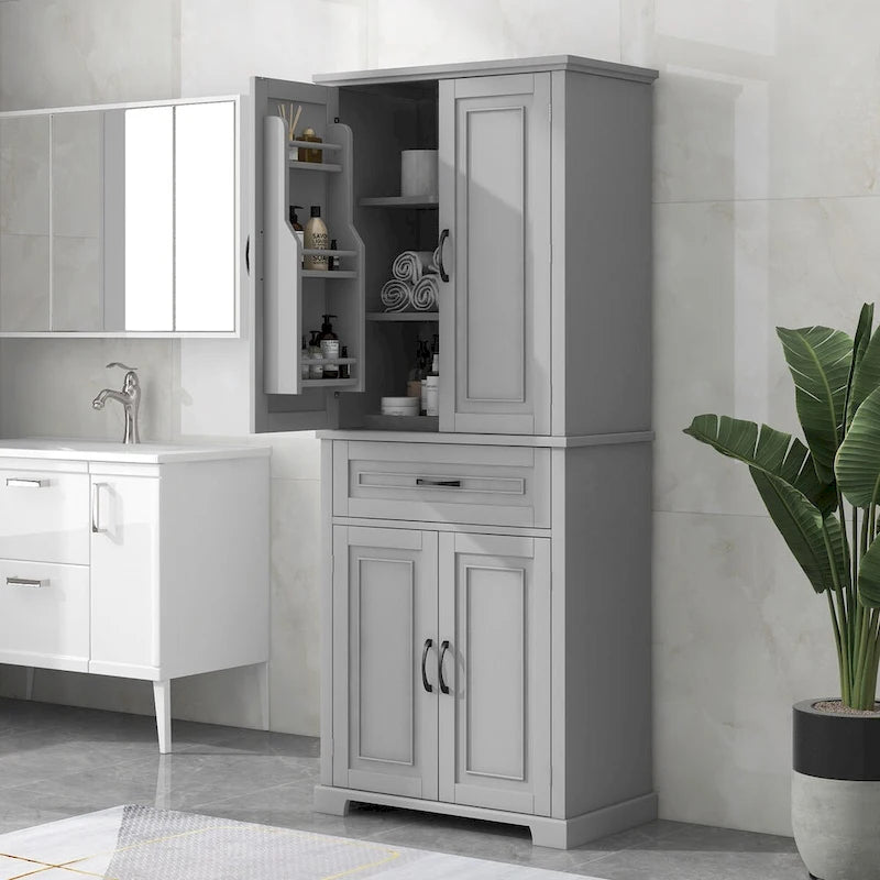 Meuble de salle de bain haut sur pied quatre portes un tiroir MDF Design à panneaux surélevés Poignées noires