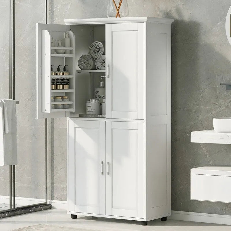 Meuble de rangement de salle de bain blanc autoportant Quatre portes Étagères réglables Organiseur de porte