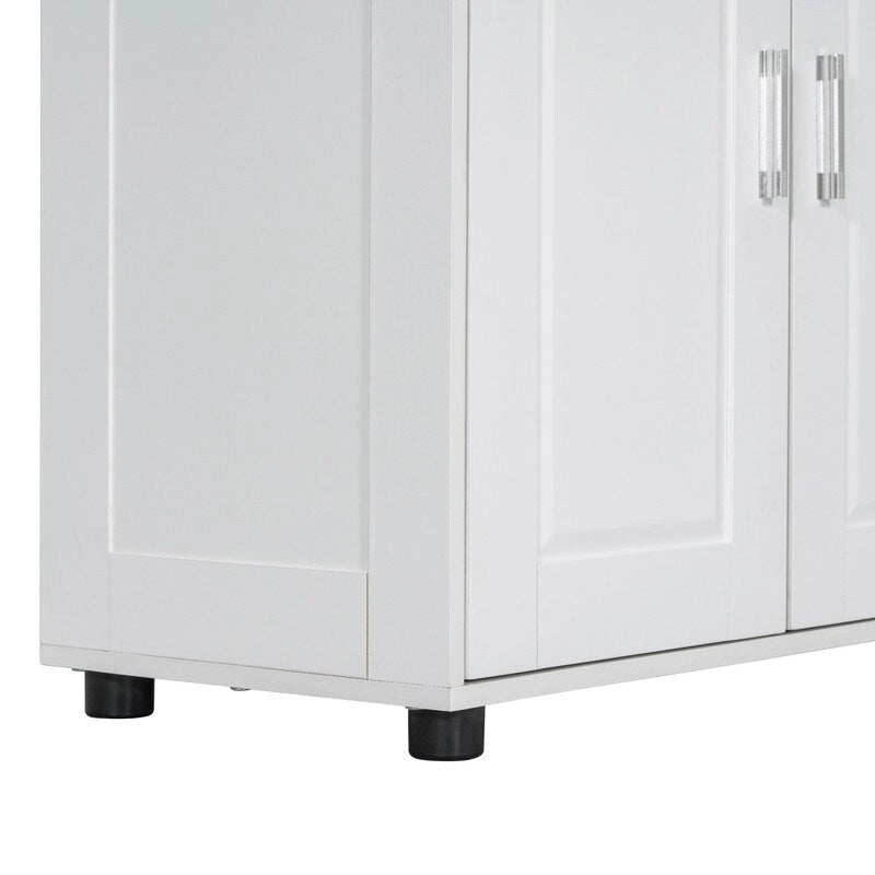 Meuble de rangement de salle de bain blanc autoportant Quatre portes Étagères réglables Organiseur de porte