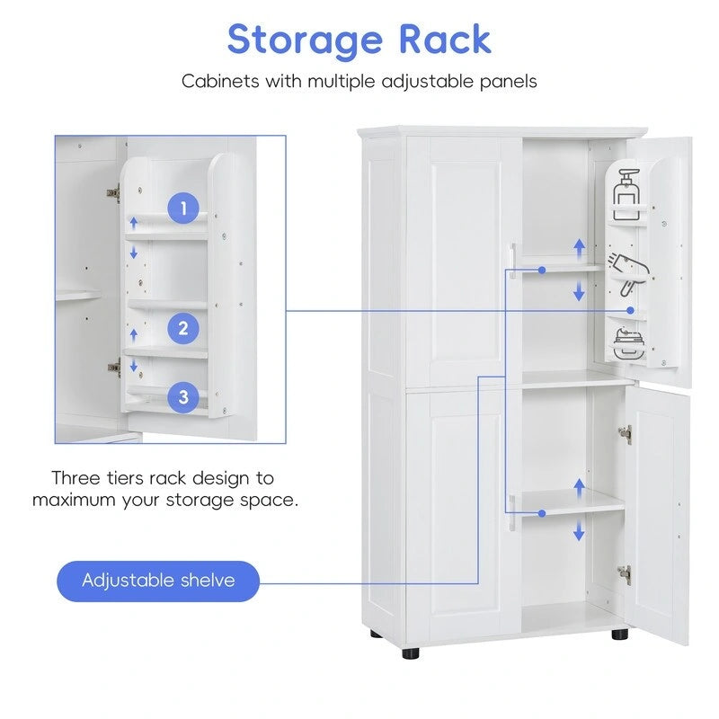 Meuble de rangement de salle de bain blanc autoportant Quatre portes Étagères réglables Organiseur de porte