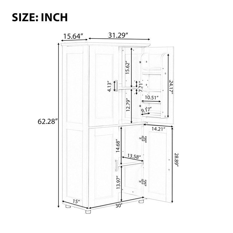 Meuble de rangement de salle de bain blanc autoportant Quatre portes Étagères réglables Organiseur de porte