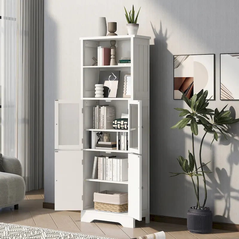 Armoire haute de rangement blanche avec portes vitrées Étagères ouvertes Intérieur réglable
