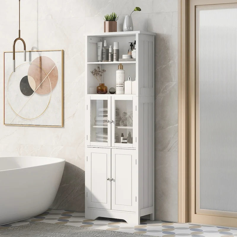 Armoire haute de rangement blanche avec portes vitrées Étagères ouvertes Intérieur réglable