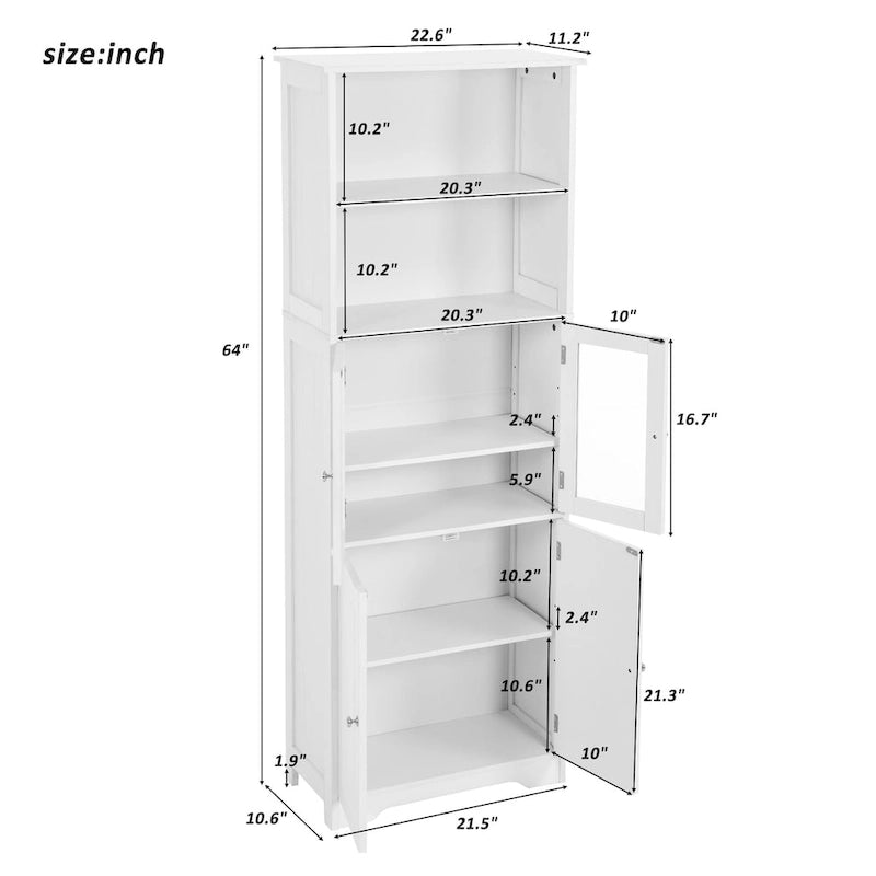 Armoire haute de rangement blanche avec portes vitrées Étagères ouvertes Intérieur réglable