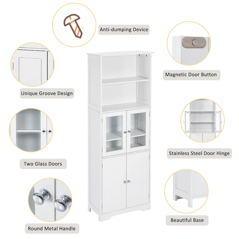 Armoire haute de rangement blanche avec portes vitrées Étagères ouvertes Intérieur réglable