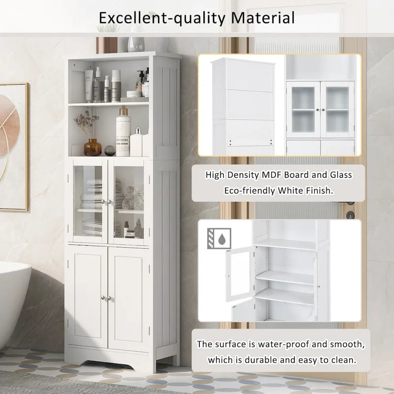 Armoire haute de rangement blanche avec portes vitrées Étagères ouvertes Intérieur réglable