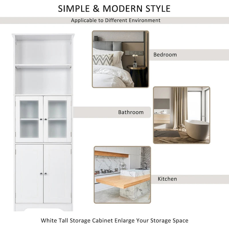 Armoire haute de rangement blanche avec portes vitrées Étagères ouvertes Intérieur réglable