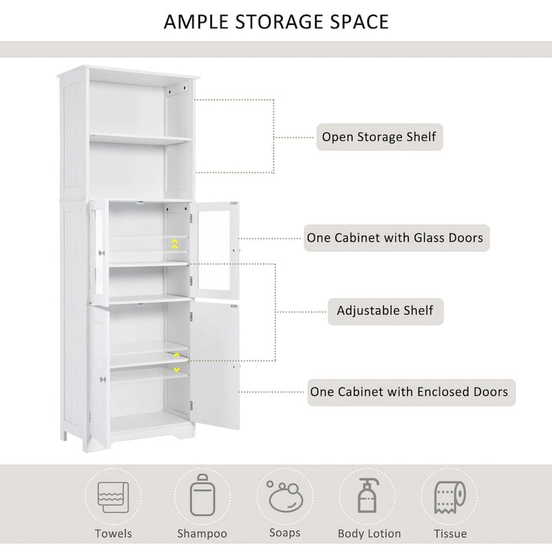 Armoire haute de rangement blanche avec portes vitrées Étagères ouvertes Intérieur réglable