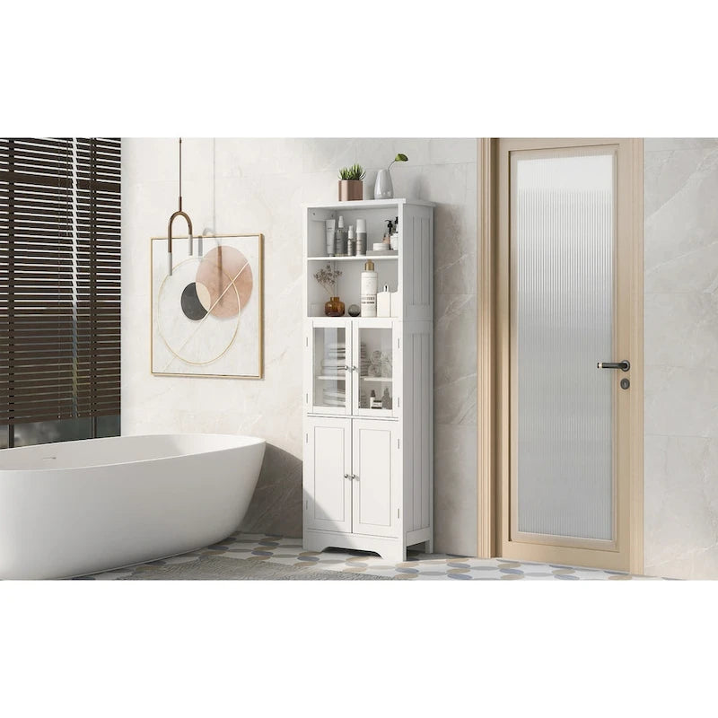 Armoire haute de rangement blanche avec portes vitrées Étagères ouvertes Intérieur réglable