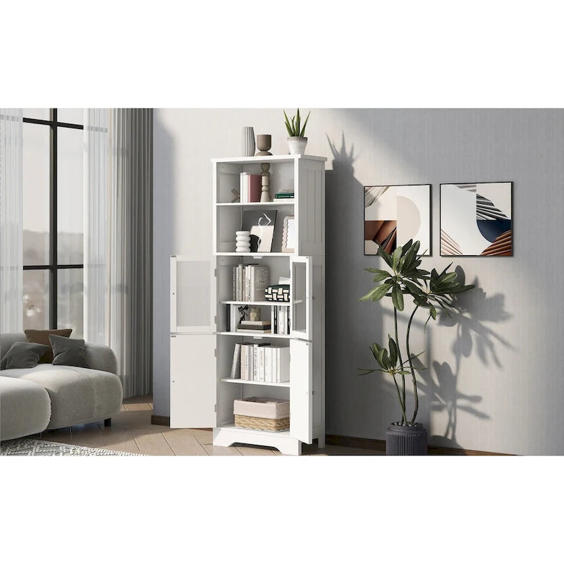 Armoire haute de rangement blanche avec portes vitrées Étagères ouvertes Intérieur réglable