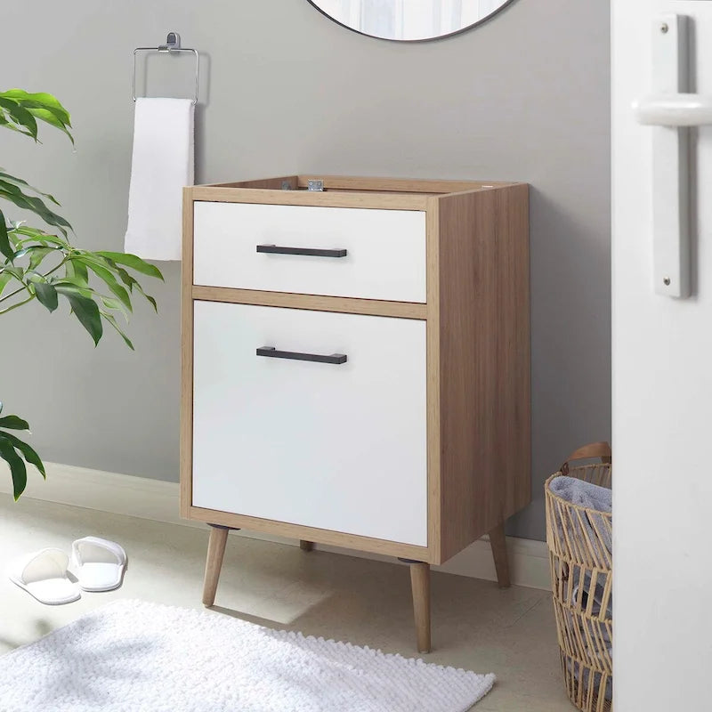 Meuble-lavabo de salle de bain 24 po Chêne blanc, panneaux de particules, mélamine, un tiroir, une porte, pieds effilés en bois d'hévéa, évier non inclus