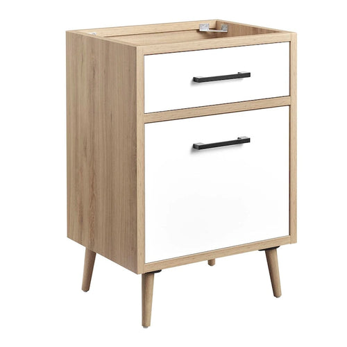 Meuble-lavabo de salle de bain 24 po Chêne blanc, panneaux de particules, mélamine, un tiroir, une porte, pieds effilés en bois d'hévéa, évier non inclus