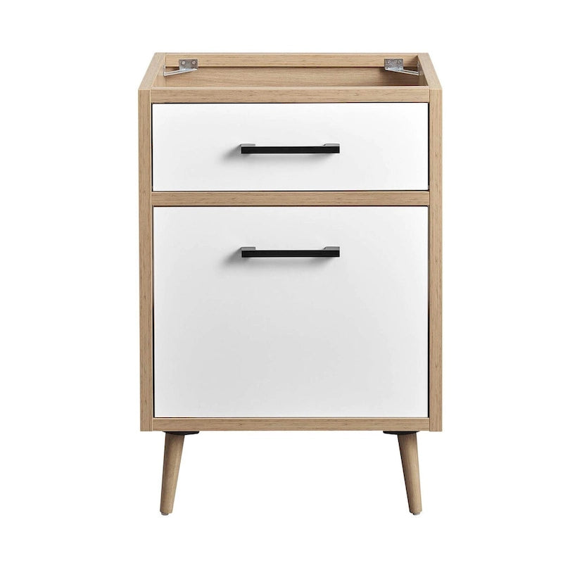 Meuble-lavabo de salle de bain 24 po Chêne blanc, panneaux de particules, mélamine, un tiroir, une porte, pieds effilés en bois d'hévéa, évier non inclus