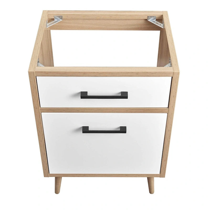 Meuble-lavabo de salle de bain 24 po Chêne blanc, panneaux de particules, mélamine, un tiroir, une porte, pieds effilés en bois d'hévéa, évier non inclus