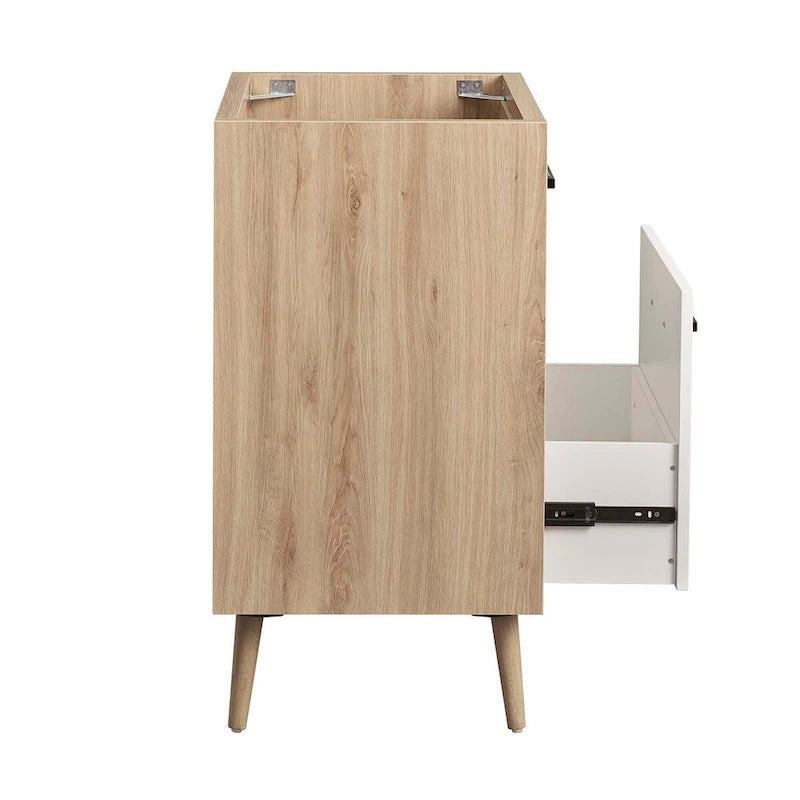 Meuble-lavabo de salle de bain 24 po Chêne blanc, panneaux de particules, mélamine, un tiroir, une porte, pieds effilés en bois d'hévéa, évier non inclus