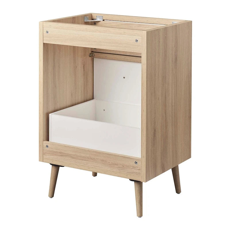 Meuble-lavabo de salle de bain 24 po Chêne blanc, panneaux de particules, mélamine, un tiroir, une porte, pieds effilés en bois d'hévéa, évier non inclus