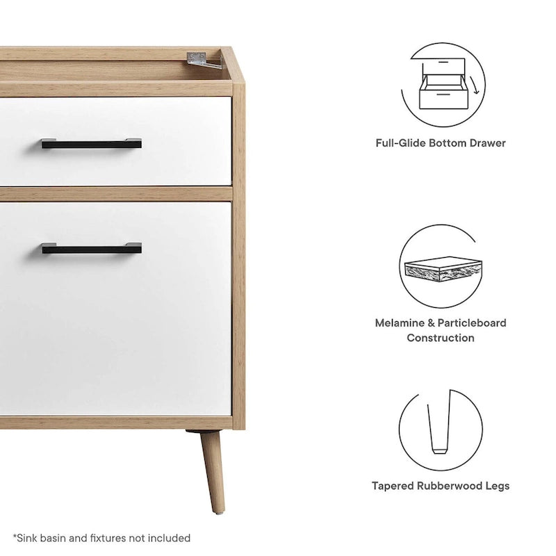Meuble-lavabo de salle de bain 24 po Chêne blanc, panneaux de particules, mélamine, un tiroir, une porte, pieds effilés en bois d'hévéa, évier non inclus