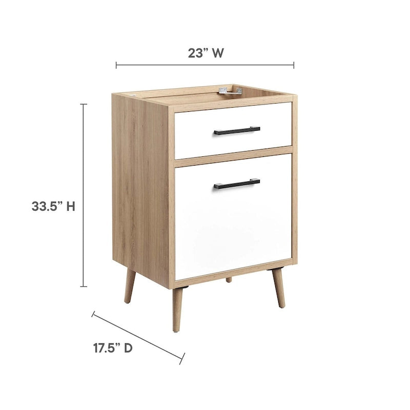 Meuble-lavabo de salle de bain 24 po Chêne blanc, panneaux de particules, mélamine, un tiroir, une porte, pieds effilés en bois d'hévéa, évier non inclus