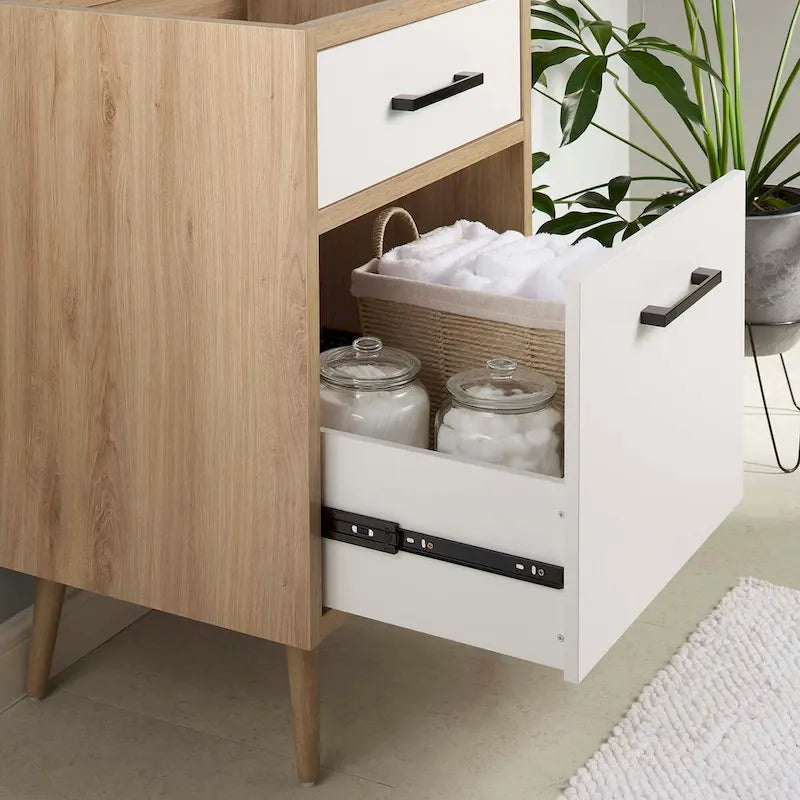 Meuble-lavabo de salle de bain 24 po Chêne blanc, panneaux de particules, mélamine, un tiroir, une porte, pieds effilés en bois d'hévéa, évier non inclus
