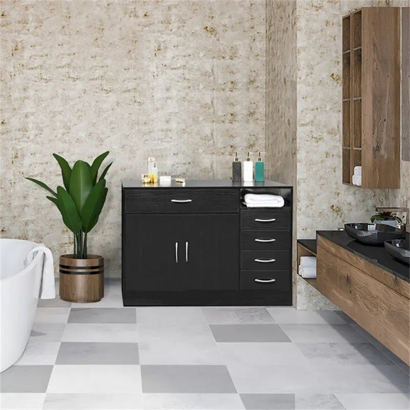Meuble de Rangement de Salle de Bain en MDF Noir, Deux Portes, Cinq Tiroirs, Poignées en Métal