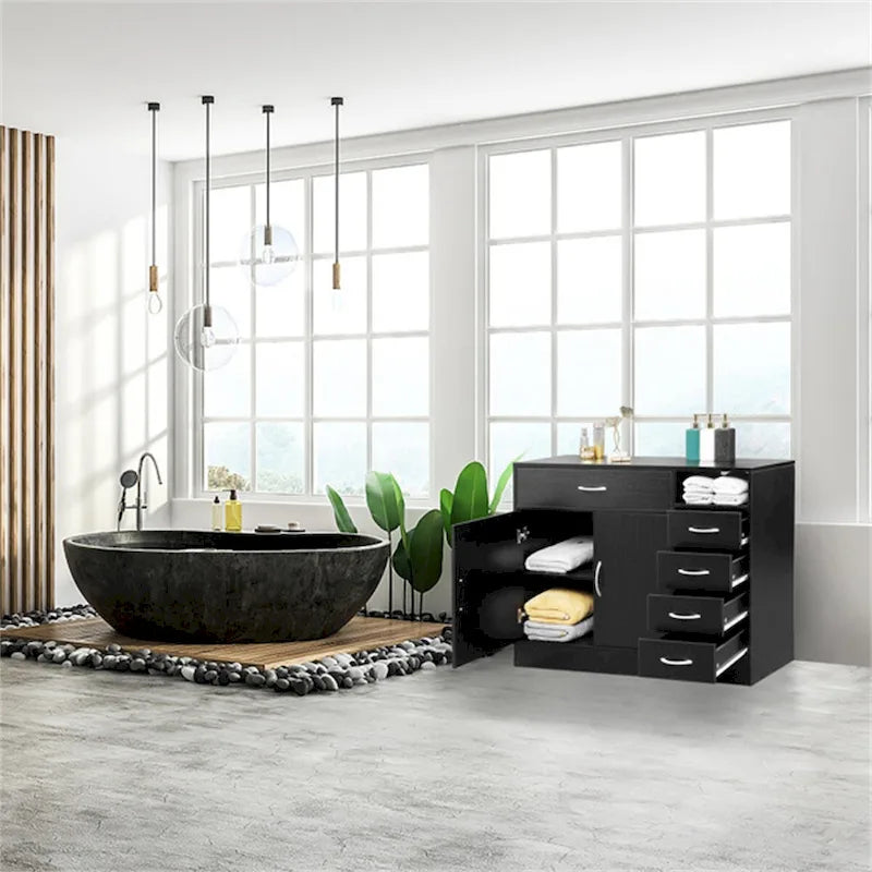 Meuble de Rangement de Salle de Bain en MDF Noir, Deux Portes, Cinq Tiroirs, Poignées en Métal