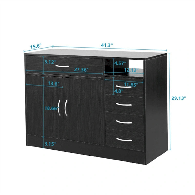 Meuble de Rangement de Salle de Bain en MDF Noir, Deux Portes, Cinq Tiroirs, Poignées en Métal