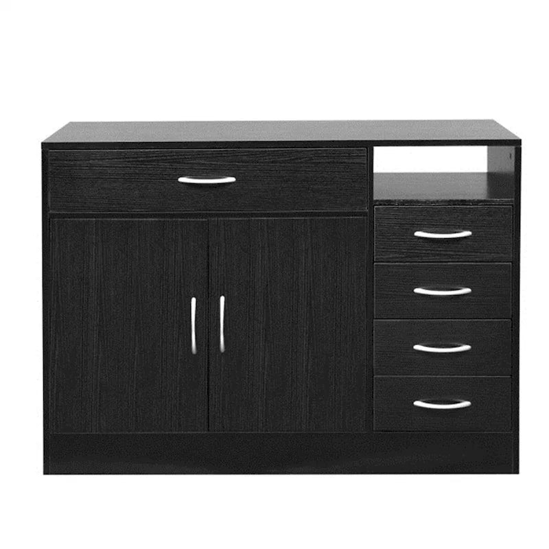Meuble de Rangement de Salle de Bain en MDF Noir, Deux Portes, Cinq Tiroirs, Poignées en Métal