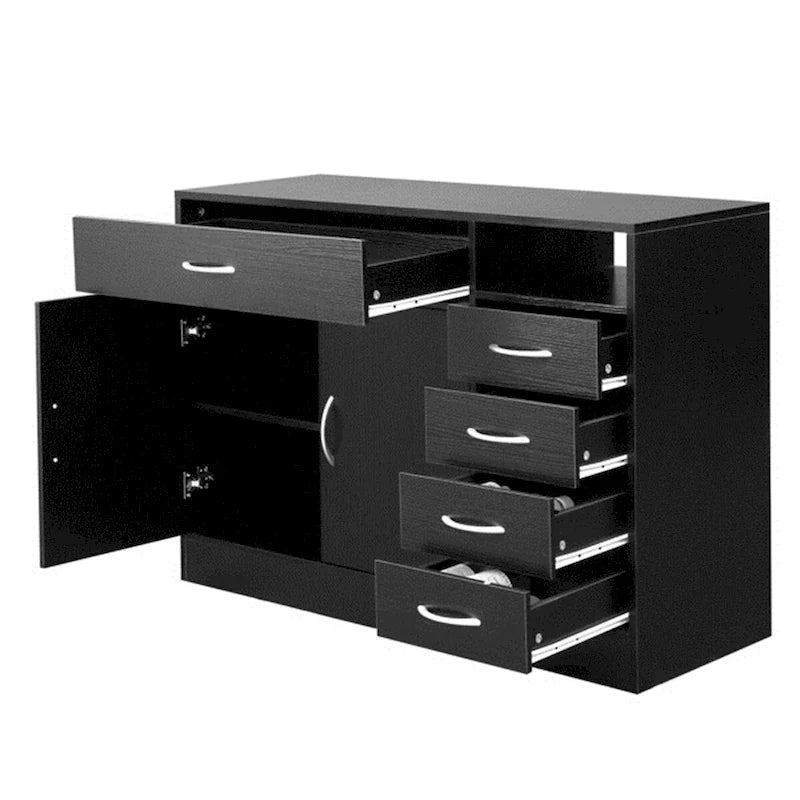 Meuble de Rangement de Salle de Bain en MDF Noir, Deux Portes, Cinq Tiroirs, Poignées en Métal
