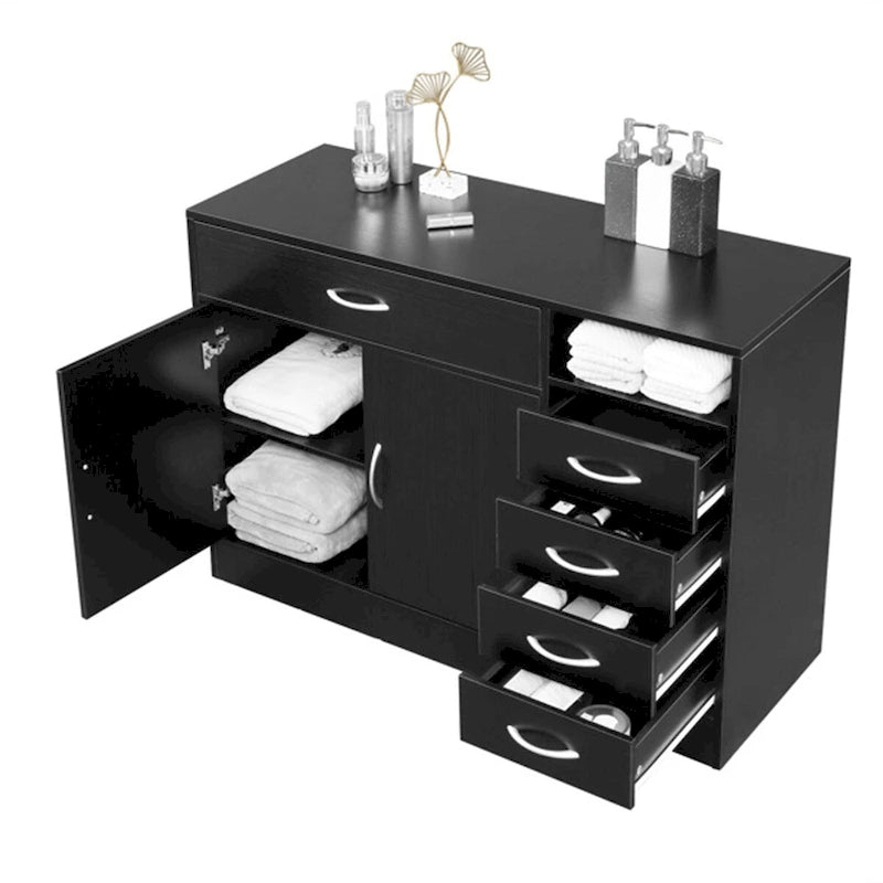Meuble de Rangement de Salle de Bain en MDF Noir, Deux Portes, Cinq Tiroirs, Poignées en Métal