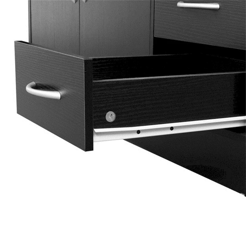 Meuble de Rangement de Salle de Bain en MDF Noir, Deux Portes, Cinq Tiroirs, Poignées en Métal