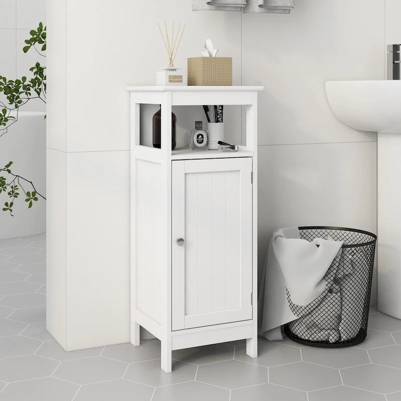 Meuble bas de salle de bain blanc, une porte, étagère ouverte, MDF laqué UV, panneau supérieur biseauté, pieds surélevés